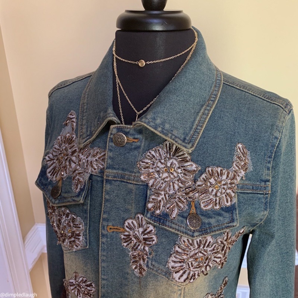 SPIEGEL DENIM FUR-TRIM APPLIQUÉ EMBELLISHED JACKET - M